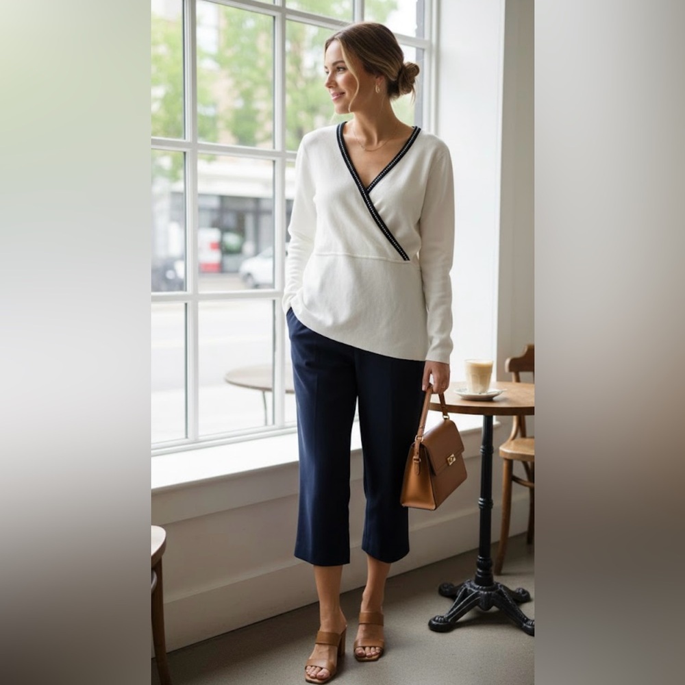 Grace Dane Lewis Cream Wrap-Style Knit Top with Black Trim – Size L.